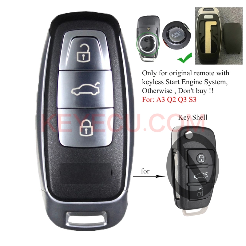 Upgraded Remote Key Shell Case Fob 3 Buttons for Audi A3 Q2 Q3 S3 2018